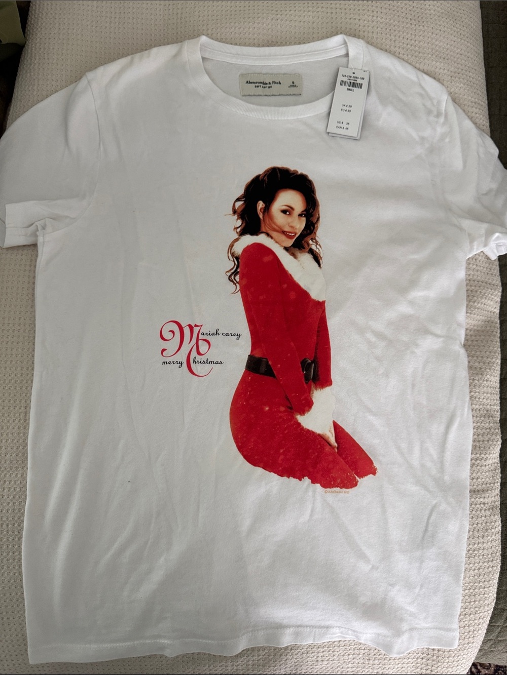 Abercrombie & Fitch Women's White Tee with Red Holiday Graphic Mariah Carey